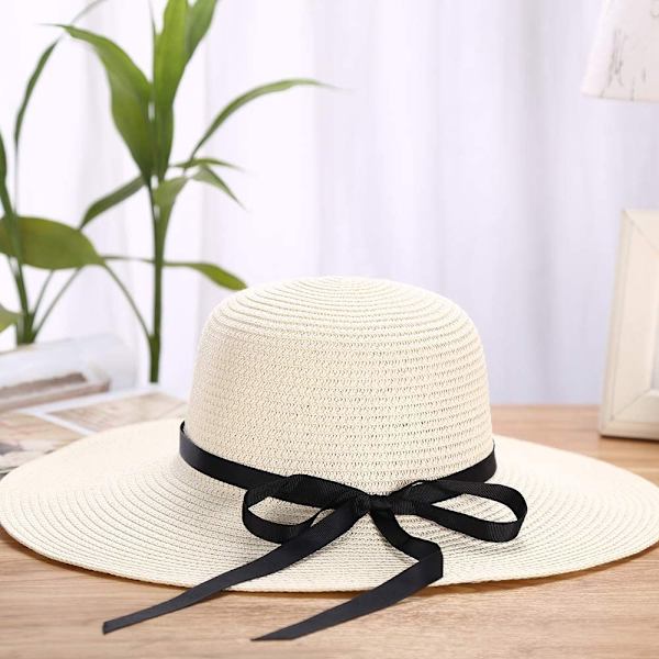 Dame Halmhatt Sommer Sløyfe Foldbar Hatter Solhatt (Hvit)