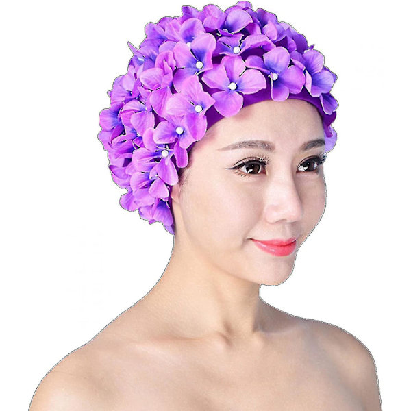Vintage Blomsterblad Retro Badehætter Badehætter Til Kvinder, Damer Blomst Langt Hår Purple