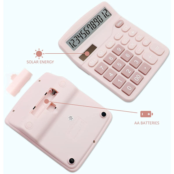 Pink lommeregner, skrivebordslommeregner 12 cifre med stort LCD-display