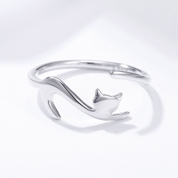 Frække Lille Kat 925 Sterling Sølv Åbne Ringe Justerbar Størrelse Enkel Stil til Kvinder Piger Mors Dag Valentinsdag Fødselsdagsgaver til Hendes