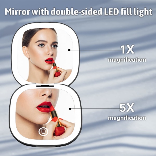 Pocket makeup spejl med 1X / 5X forstørrelse, genopladeligt