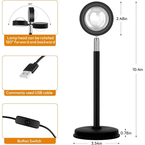 Solnedgangslampeprojektor, 180 graders rotasjon solnedgangsprojeksjonslampe LED nattlys gulvlampe med USB-port, solnedgangslamper