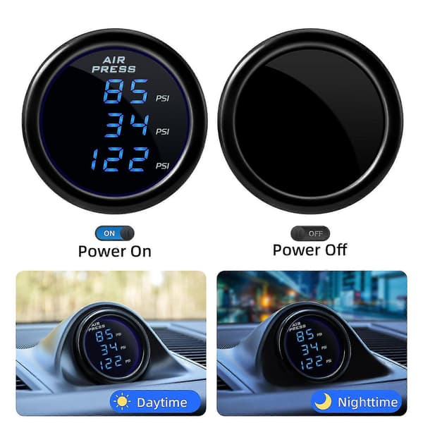 2\" 52mm Digital Luftfjädringstryckmätare 0-220PSI Trippeldisplay Lufttrycksmätare med 2st 1/8 NPT Sensor 5 Meter Kabel