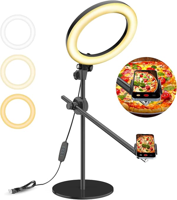 Selfie-ringljus med stativ och telefonhållare, 10\" overhead LED
