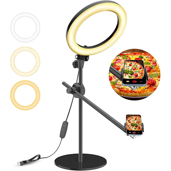 Selfie-ringlys med stativ og telefonholder, 10\" overhead LED