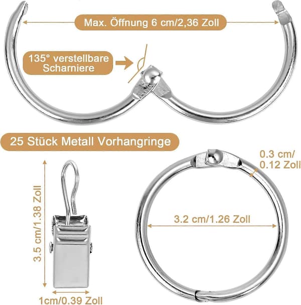 25 stk. metalgardinringe med clips, vindues- og bruseforhængsringe
