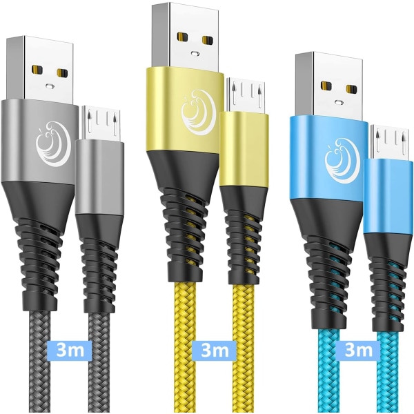 USB -kabel 3M 3-pack lång Android-laddarkabel Nylon USB tråd Mikroladdarkabel för Samsung Galaxy S7 3M