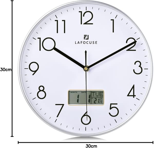Tyst Kök Väggklocka med Datum och Dagtemperatur, Silver Väggklockor för Vardagsrum Modernt Sovrum, LCD-Display Kvarts Digital Väggklocka silver