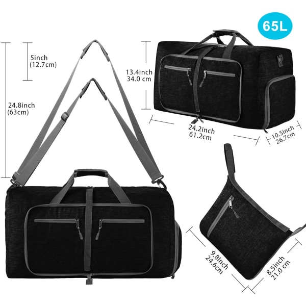 Travel Duffle Bag for menn kvinner, 65L sammenleggbar veske med skorom Overnattingsveske Vanntett og rivebestandig black