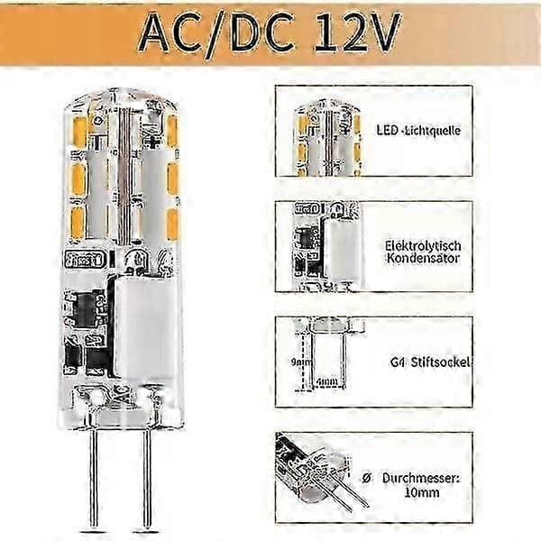 10x G4 LED pærer 12V AC/DC Varm Hvid 3000K 2W, dæmpbart lys