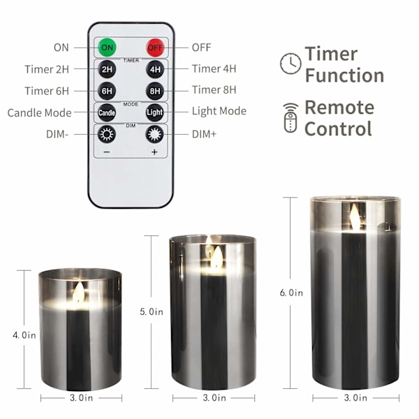 LED-ljus, flamlösa ljus, med inbäddad stjärnljusslinga med 10-tangenters fjärrkontroll och cyklisk 24-timmars timer, set om 3, dansande låga, batteridriven (grå)