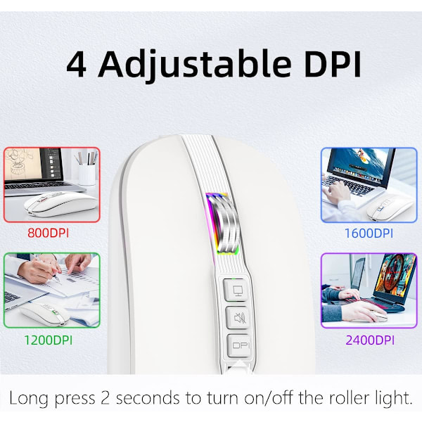 Trådløs mus med stille klikk, slank mus med USB-mottaker, trådløs og Bluetooth 5.1 dobbel modus 2400 DPI, rask demping og skrivebordsreturknapp white、