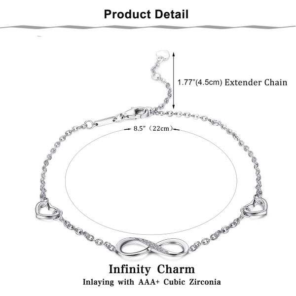 925 Sterling Silver Infinity Anklet Bracelet for Women Girls Adjustable Foot Jewelry Gift Silver