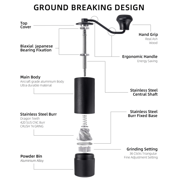 Kaffekvern manuell justering, bærbar kaffebønnekvern for håndhelling, fransk press, espresso black