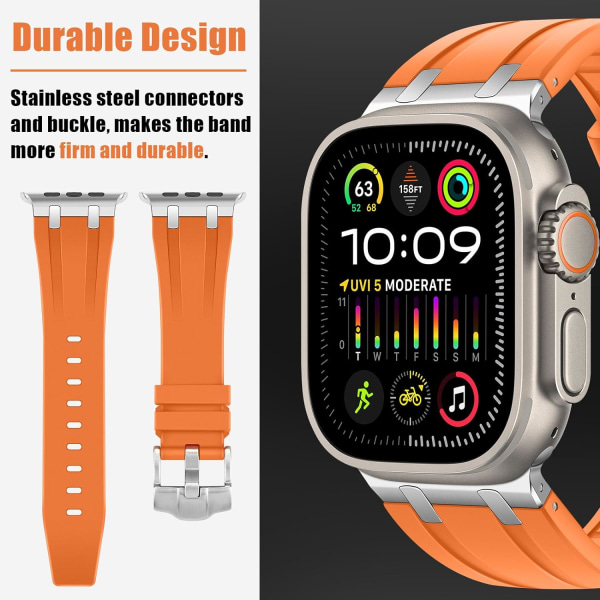 Kompatibel med Apple Watch Ultra Strap 49 mm 45 mm 44 mm 42 mm, flytende silikonbånd med adapterstropper i rustfritt stål designet for Apple Watch orange 42/44/45/49MM