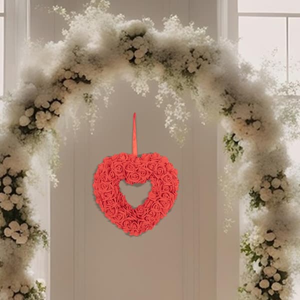 Hjerteformet Valentinsdagskrans | Valentinskranse til hoveddøren - Simulerte roseblomster Hangerkrans