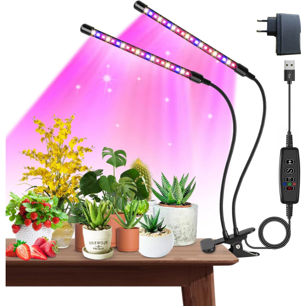 Växtlampor för inomhusväxter, 40 LED Full Spectrum Led Grow Light, 2 huvuden klämma växtlampa för frön, med automatisk på/av 3/9/12H timer