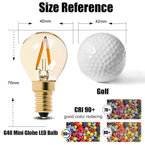 G40 LED Filament Mini Globe Ljuskälla 1W Ultra Varm Vit 2200K Liten Edison Skruv E14 SES 12-24V Candelabra Lampor Icke Dimbara, 6-pack