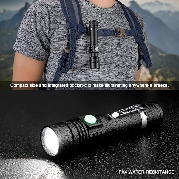 USB-genopladelig LED-lommelygte, IP65 vandtæt (batteri inkluderet)