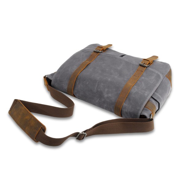 Vintage Messenger Bag 14 tommer laptops Satchel Briefcase Taske Mænd og Kvinder Skoletaske Læder Canvas, Mørkegrå grey