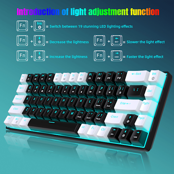 Trådbundet mekaniskt speltangentbord, isblå LED-bakgrundsbelyst 68 tangenter Mini trådbundet kontorstangentbord för Windows Laptop PC Mac white/black