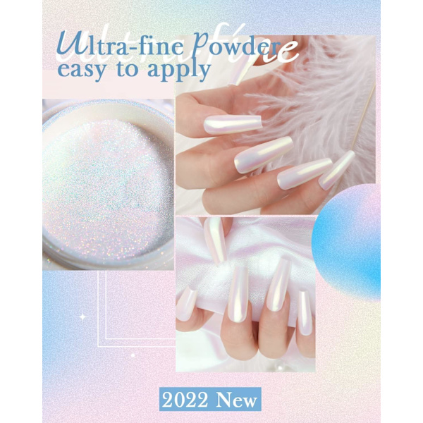 Pearl Chrome Neglepulver Aurora Effekt【Stor Kapacitet】- 2 stk. Spejleffekt Aurora Magisk Perlemorspejl Glitter Negle Chrome Pulvere White C