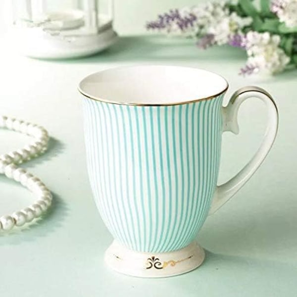 Tech Euro Style Porselen Te Kopp Kaffe Krus med Lokk for Frokost Hjem Kjøkken ((Stripemønster) (Cyan)) C