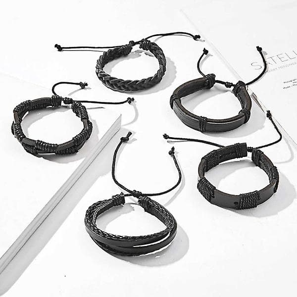 5-pak håndlagde skinnarmbånd for menn - Sorte armbånd