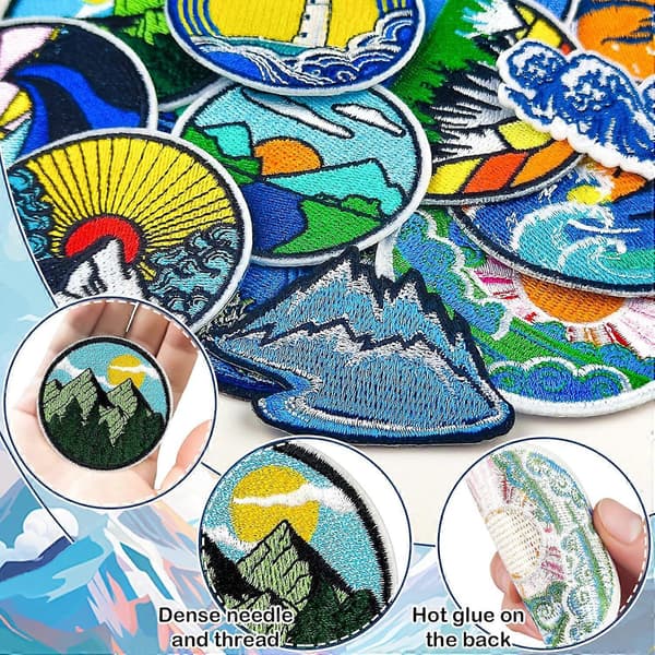 20 st broderade märken för camping utomhus, naturmotiv