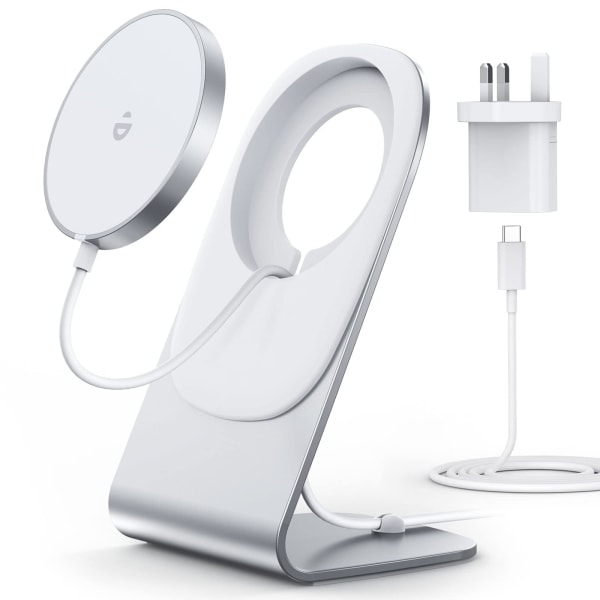 Magnetisk trådløs oplader til iPhone 15/14/13/12-serien - med Mag Safe-opladerstativ og adapter, kompatibel med Magsafe iPhone (britisk standard) British regulatory