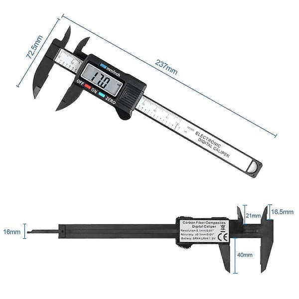 Digital bromsok, 150 mm/6 tum digital bromsok i kolfiber med tydlig LCD-display och batteribackup för externa, interna, djup- och stegmätningar