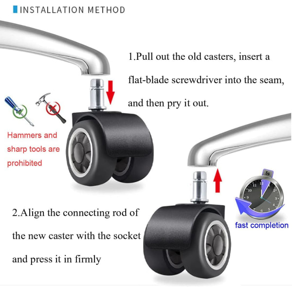 Reservedeler til kontorstoler med gummihjul og bredere dekkdesign for å beskytte gulv 11 mm x 22 mm Standard stamstørrelse Enkel installasjon Sett med 5