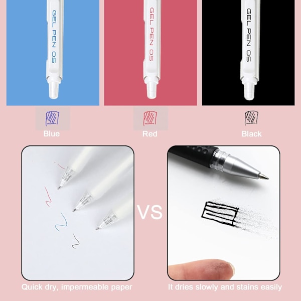 6 kpl vedettäviä geelikyniä - Rollerball-kynä 0,5 mm hieno kärki nopeasti kuivuva kuulakärkityyppi Super Smooth Writing Drawing 6 kynän sarja musta punainen sininen muste