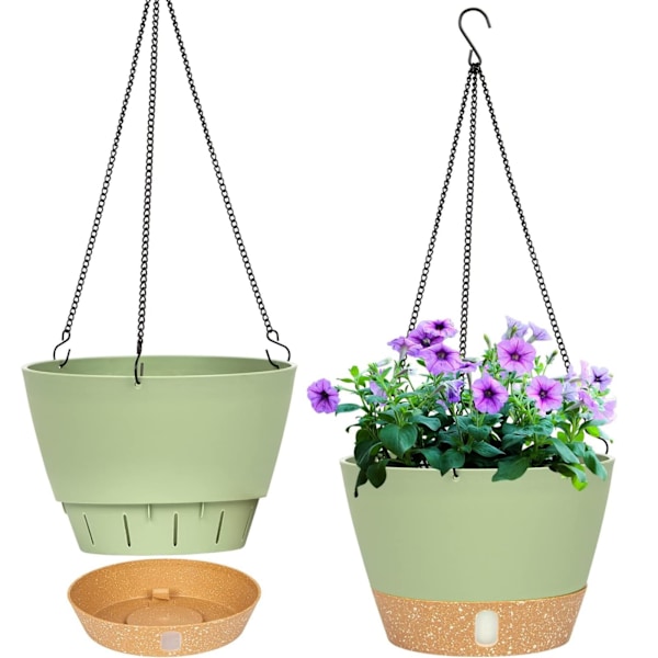 2-pack 20 cm Diameter Hängande Planteringskrukor Inomhus Utomhus med Dräneringshål och 3 Krokar för Trädgård och Hem (Grön)