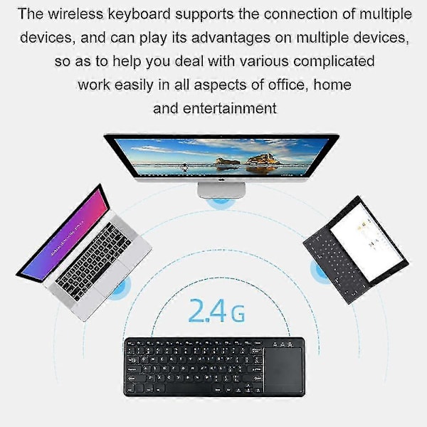 Tastatur med berøringsplate, 2,4 GHz tilkobling via USB-mottaker, programmerbare multimedietaster, Windows / Android / Chromeos