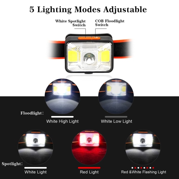 Hodelykt oppladbar med 5 lysmoduser, IPX5 vanntett LED-lommelykt, hodelykter for fiske, camping, løping, sykling, fotturer, lesing