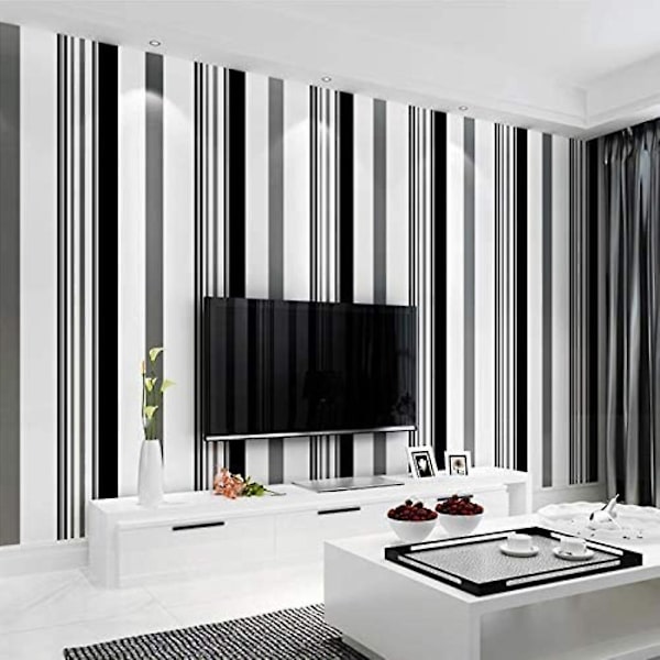 Livingandhome 10m Modern Svart Vit Grå Randig Non-Woven Tapet