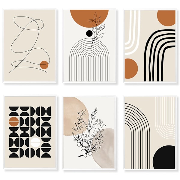 6 stk Simplicity Boho Art Veggdekor, Abstrakt Boho Lerret Veggkunst Geometrisk Veggkunst, Linjekunst Blad Veggdekor Utstillings plakater