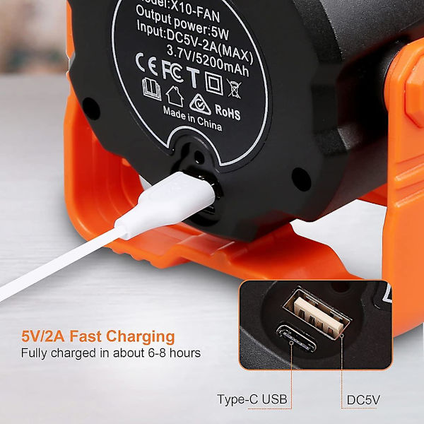 Campingfläkt med campinglykta USB-laddningsbar 5200mah