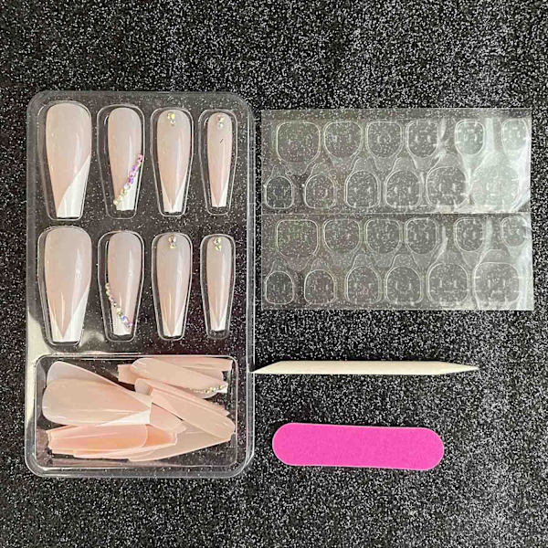 24 PCS Lange Kiste Falske Negl Glans Akryl Falske Negl Kunstige Krystall Trykk på Negl Ballerina Negl for Kvinner Jenter
