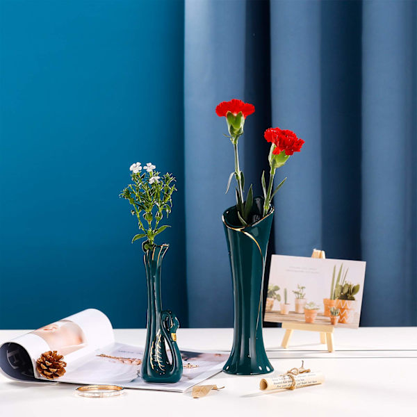 Blomvas Set om 2, Torr och Våt Blomsterarrangemang Behållare Elegant Heminredning Keramisk Vas med Svanhalsform, Grön
