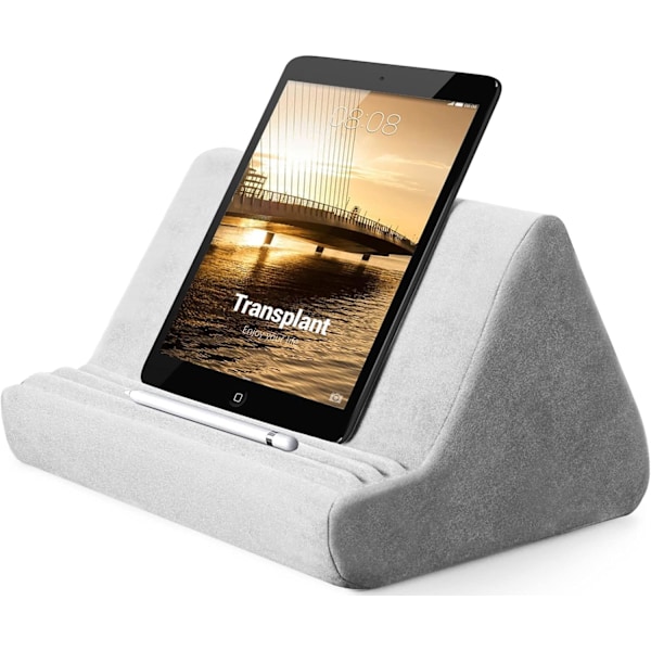 Myk Tablett Stativ Pute med Lomme, Tablett Pute Stativ, Justerbar 3 Visningsvinkel, Lat Holder Stativ for Seng Sofa, Kompatibel med iPads Tabletter Light Grey