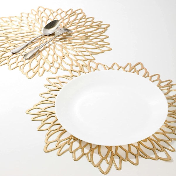 6 stk. Guld Metallic Runde Pladsemåtter Blad Spisebord Dekoration
