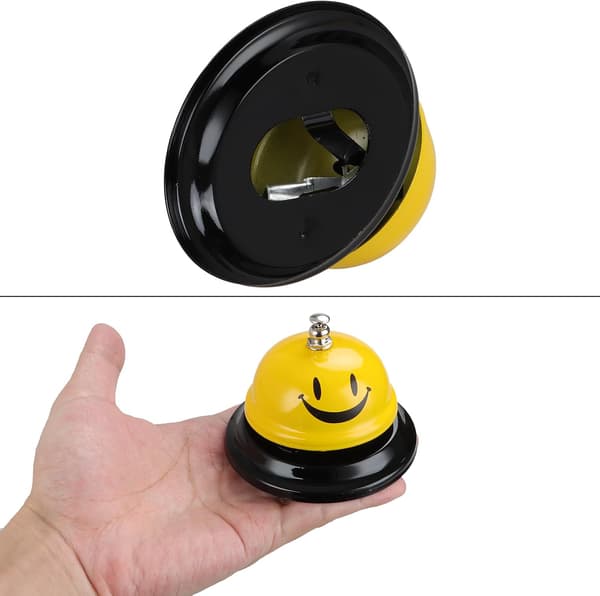 4-pack samtalsklocka, gul serviceklocka, bardiskklocka, 8,5 cm diameter, 6 cm höjd, metallklocka, bordsklocka, receptionsklocka, diskklocka