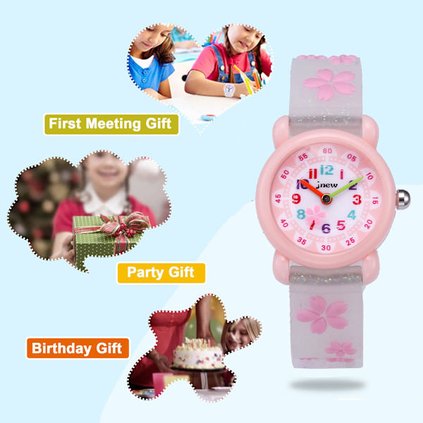 Barnklockor för flickor i åldern 3-10 år, analog kvartsklocka, söt 3D-tecknad barnklocka, silikonarmband, flickklocka pink