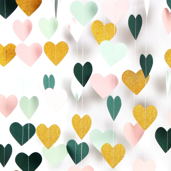 Salvia-grön Mint Rosa-Guld Kärlek-Hjärta Garland- Rustik bröllopshängande dekoration Streamer Banner, Alla hjärtans mödrar Da