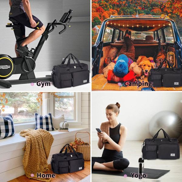 Sportsbag for kvinner og menn, treningsbag med skosrom, weekendbag for reiser, overnattingsbag for kvinner, sammenleggbar, vanntett bag black