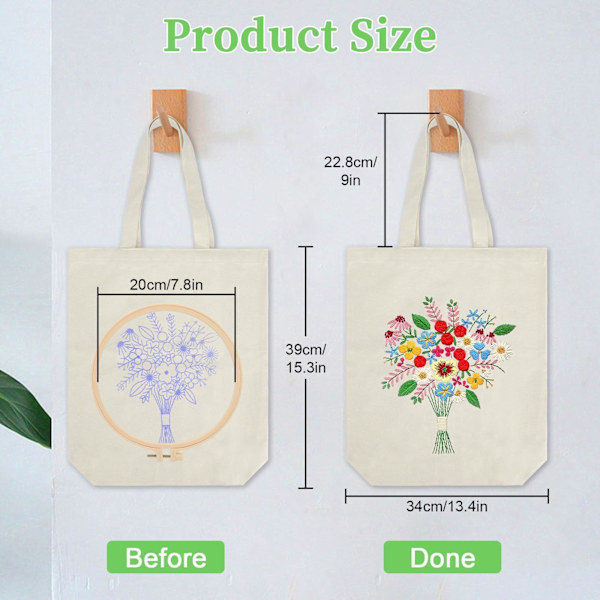 Canvas Tote Bag Broderikit med Blommönster, Konst och DIY Vuxna Korsstygnshantverkssatser, Vit