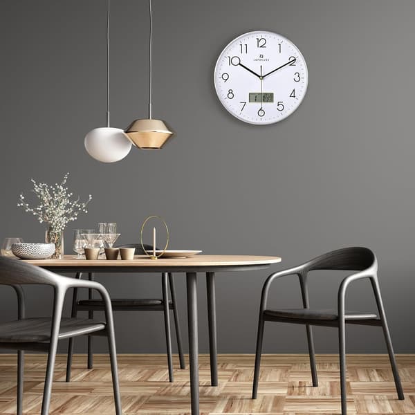 Tyst Kök Väggklocka med Datum och Dagtemperatur, Silver Väggklockor för Vardagsrum Modernt Sovrum, LCD-Display Kvarts Digital Väggklocka silver