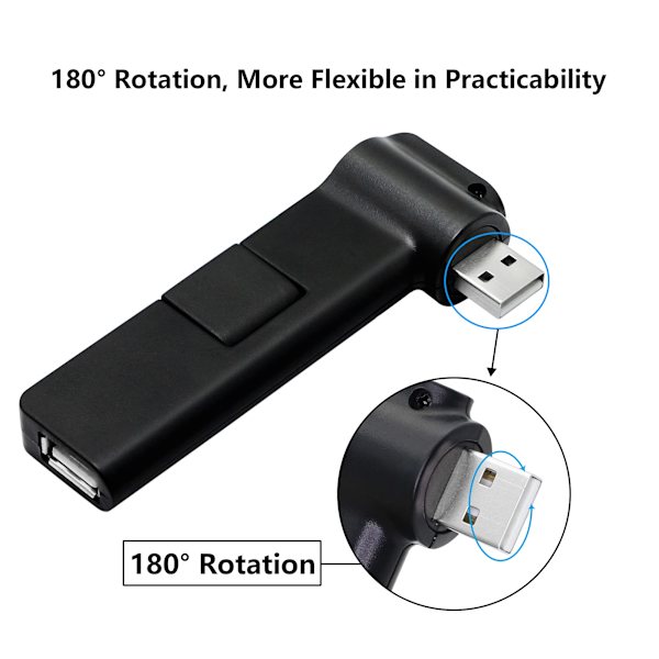 180 ° Rotation USB Extender Hub, 4 Port USB Hub Power Adapter för PC, Laptop, Tangentbord, Mus, Hårddiskar och Andra USB 2.0 Adapter(Svart)